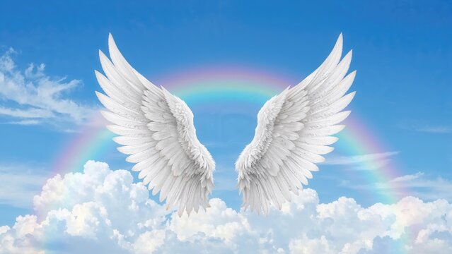White angel wings with a rainbow and clouds in a blue sky. Nature and spirituality, heavenly or divine concept. Peace, hope, and purity. The concept of angels and celestial beings