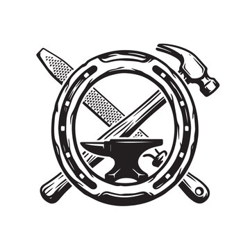 Vintage Blacksmith Logo with Horseshoe Anvil Hammer and Rasp.