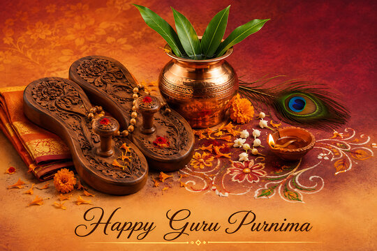 Guru purnima puja arrangement with carved wooden paduka copper kalash flowers lamp and rangoli for traditional hindu religious festival worship and spiritual devotion