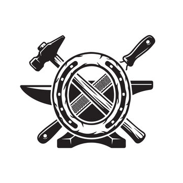 Vintage blacksmith workshop logo with anvil hammer and horseshoe.