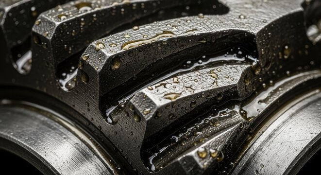 Industrial steel gear teeth with lubrication residue.