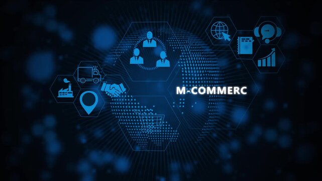 Dynamic m-commerce digital concept featuring global network connectivity, online shopping and futuristic business data visualization for modern e-commerce marketing and tech presentations