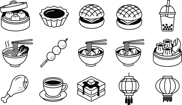 Hong Kong Dim Sum and Cantonese Food Icon Set Featuring Dumplings Egg Tart Pineapple Bun Noodles and Boba Tea in Clean Outline Vector Style