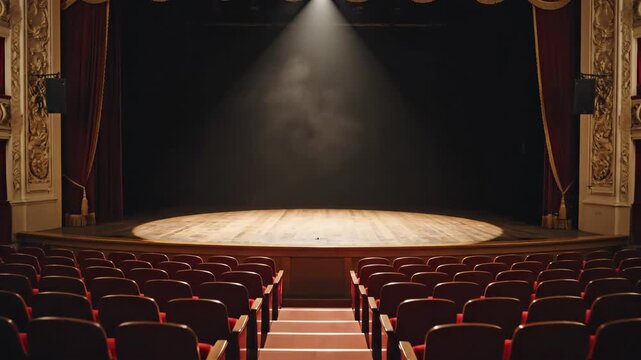 Empty theater stage with red velvet curtains and empty seats illuminated by a spotlight.