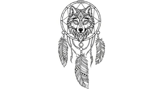 Intricate wolf dreamcatcher design illustration.