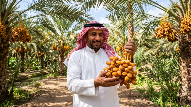 Arab man in traditional ghutra holding fresh dates cluster in lush organic palm grove at harvest time.