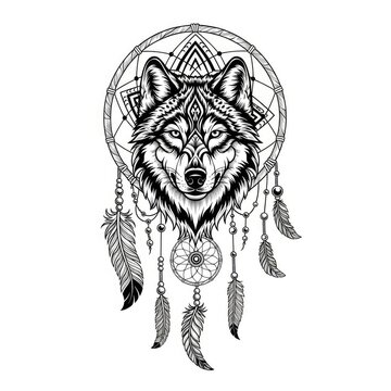 Intricate wolf head dreamcatcher line art on white.