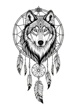 Intricate wolf dreamcatcher line art portrait