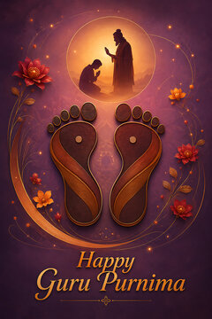 Guru purnima symbolic sacred footprints with spiritual teacher blessing devoted disciple among glowing lotus flowers for reverent hindu religious festival poster design artwork