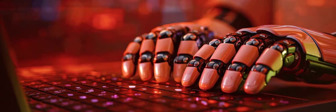 Robotic hands typing on glowing keyboard in dark workspace, AI technology animated website banner background video