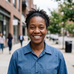 Fototapeta premium A cheerful African American woman with natural hair smiling warmly while walking down a bustling city sidewalk during a bright afternoon