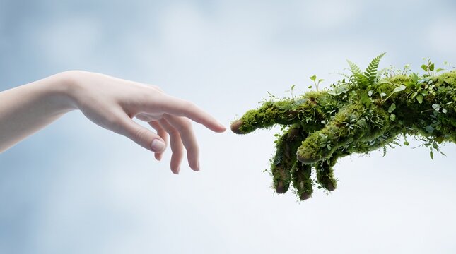 Human hand reaching touching green mossy hand outdoors daytime hopeful for environmental connection and nature protection concept
