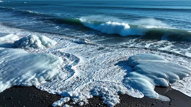 Powerful Ocean Waves Crashing Against Large Glacial Ice Blocks on Famous Black Sand Beach Scenic Iceland Winter Nature Landscape Background
