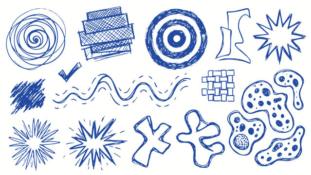 Blue doodle sketch collection with spiral rectangles circles blobs starbursts and abstract creative symbols