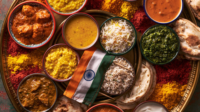 Indian Cuisine Spread with Curries, Rice and Spices