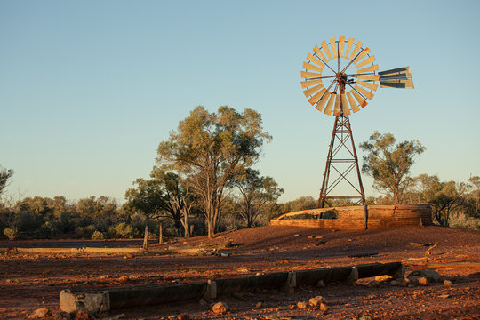 Old abandoned windmill and turkey nest with trough in the foreground