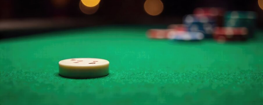 Close-up shot of a single, ivory die resting on a plush green felt casino table, illuminated by dramatic lighting, ready to be rolled ,  fortune,  luxury,  close-up