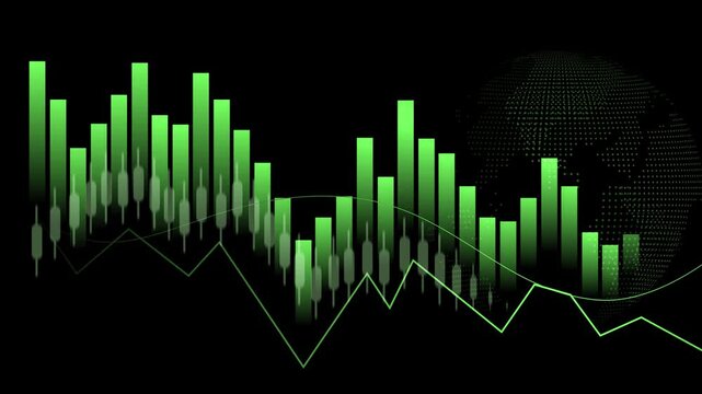 Financial chart with candlestick bars line graph and glowing globe on a grid background animation, Business market analysis and global business data