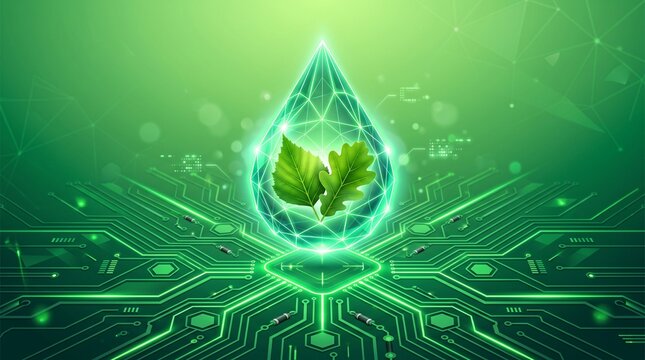 Glowing water drop containing green leaves over circuit board background for green technology and eco biotechnology concept