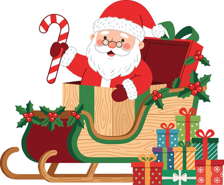 Cheerful Santa Claus sitting in a wooden sleigh with candy cane and gift boxes vector illustration