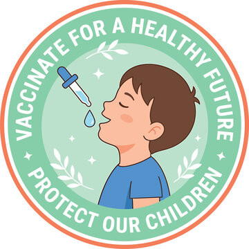 Child receiving oral vaccine drop vector illustration for public health awareness and medical immunization campaign badge design