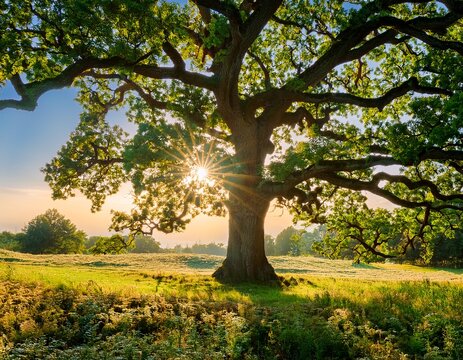 old oak tree foliage in morning light with sunlight