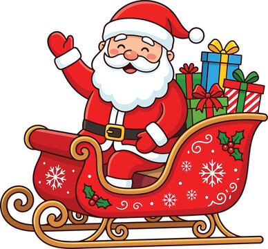 Happy Santa Claus waving from a decorated red sleigh filled with colorful Christmas gifts vector illustration