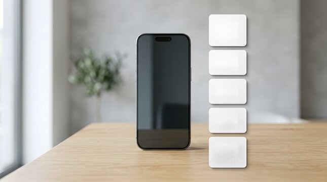 Sleek mobile phone mockup with stacked white blocks on wooden table for smart presentation concept