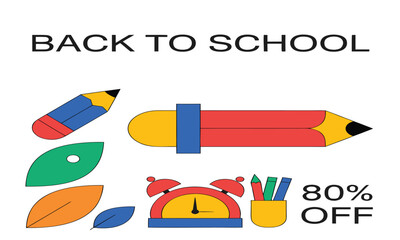 Back to School Sale Poster Featuring Colorful Pencils, Leaves, and Clock with Discount Text Featuring Education, Vibrant