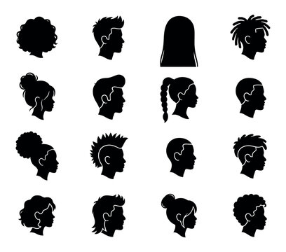 Set of diverse human head silhouettes with various hairstyles isolated on white