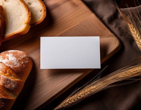 blank business card on the serving board with bread bakery branding mockup empty space to display your logo or design
