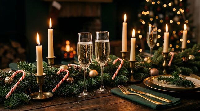 Champagne flutes stand on a table decorated with festive holiday candles tonight.
