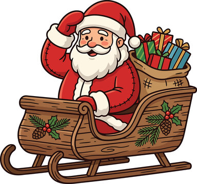 Santa Claus sitting in a wooden sleigh with gift boxes isolated on a white background vector illustration