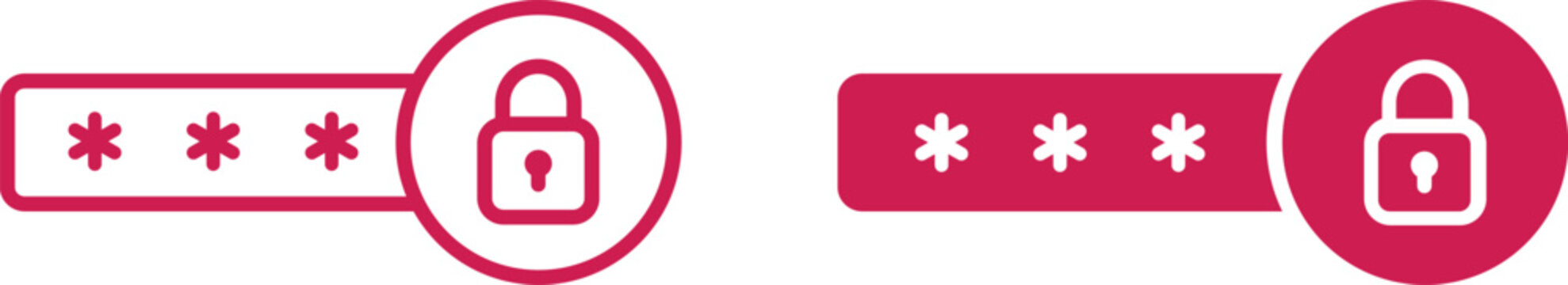 Pink password input fields with padlock icons. Contains solid and outline variations of security symbols. Vector graphic for log in, privacy, and account safety.