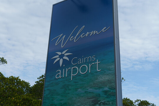 A 'Welcome to Cairns airport' sign with a stylised wave design on November 2, 2024 in Cairns, Australia.