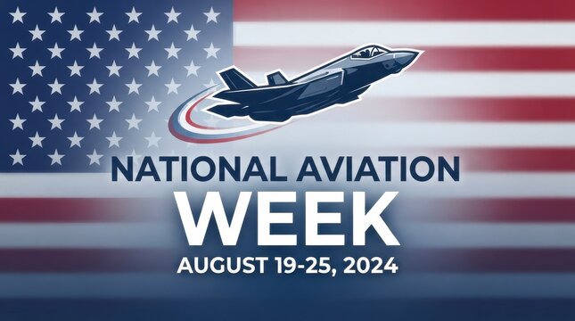 Fighter jet flying over american flag for national aviation week