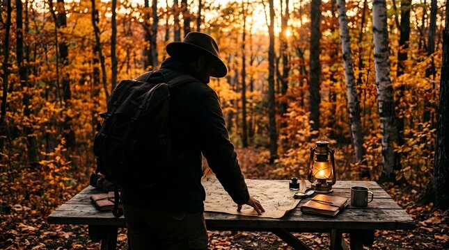 Traveler examines an old map while standing at a wooden table inside the woods.