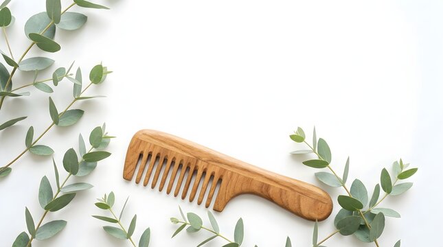 Comb made of sustainable wood lies amidst fresh eucalyptus leaves on surface.
