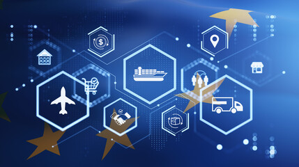 Naklejka na ściany i meble Digital logistics network icons with transport symbols over eu themed background illustrating modern supply chain and business flow integration. 3D Rendering