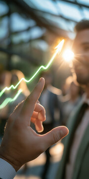 Financial Growth Forecast: A close-up of a businessman's hand points to a rising green graph symbolizing financial growth.