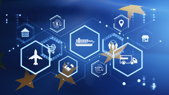 Digital logistics network icons with transport symbols over eu themed background illustrating modern supply chain and business flow integration. 3D Rendering