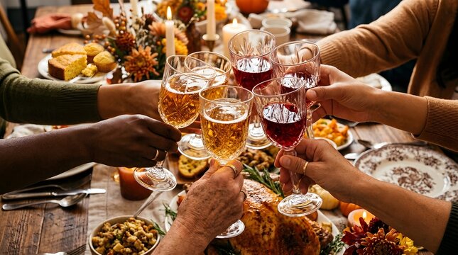 Hands hold various filled glasses for a festive toast during a thanksgiving dinner.
