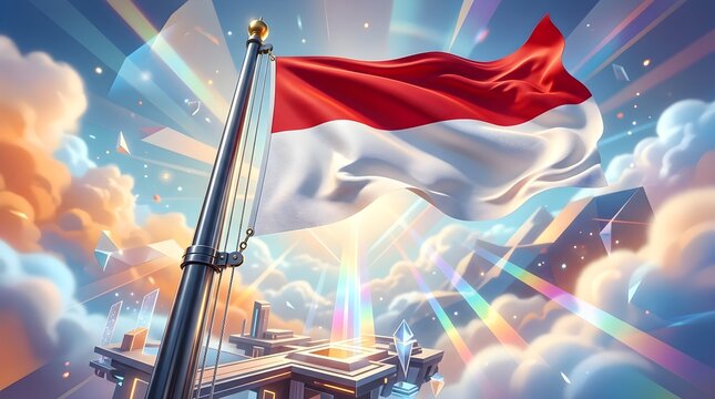 Flag waves proudly atop a floating platform amidst bright heavenly clouds.