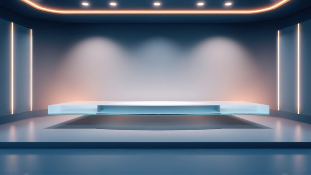 Empty stage. Blue lighting dominates scene. Minimalist design, futuristic feel. Clean lines, geometric shapes present. Dramatic illumination highlights platform.