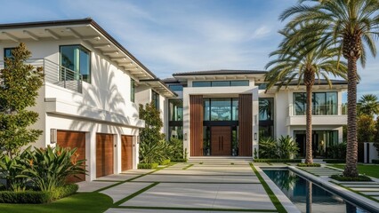 Fototapeta premium Contemporary luxury mansion with driveway and palm trees.