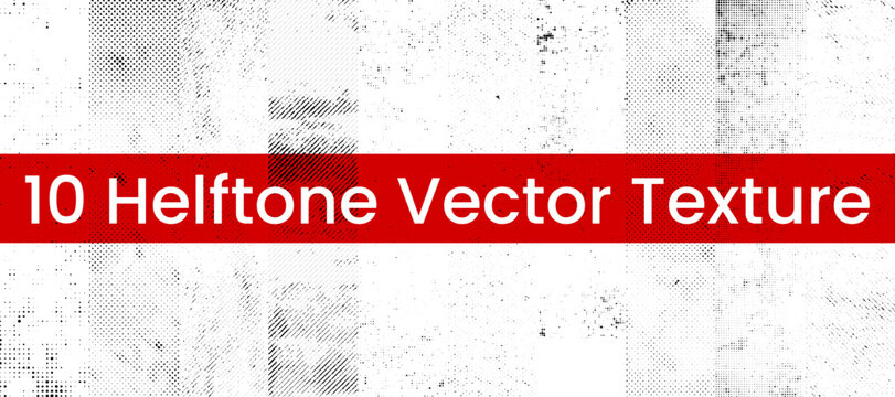 Collection of ten halftone vector textures with distressed dots and lines.