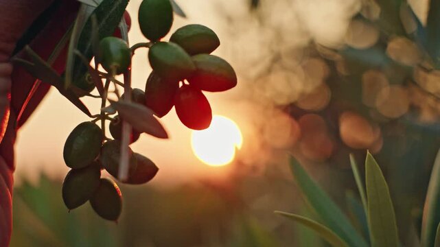 Farmer Hand Holding Green Olives at Sunset