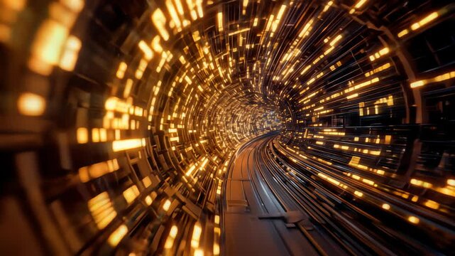 Futuristic Golden Data Tunnel with Glowing Light Trails