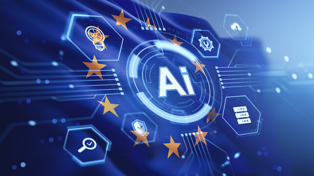 EU flag integrated with luminous AI tech icons and futuristic interface elements on a dynamic digital blur business background concept illustration.. 3D Rendering