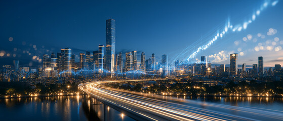 Obraz premium Urban Growth and Progress: A vibrant city skyline at dusk, illuminated by countless lights, with a dynamic upward trend graph superimposed, symbolizing economic growth and technological advancement.
